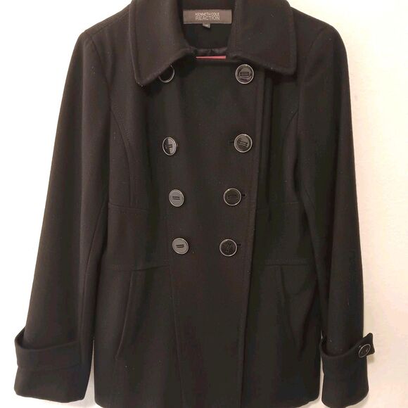 Kenneth Cole Reaction Black Wool Blend Double Breasted Peacoat Women's Sz 10 - Picture 3 of 13